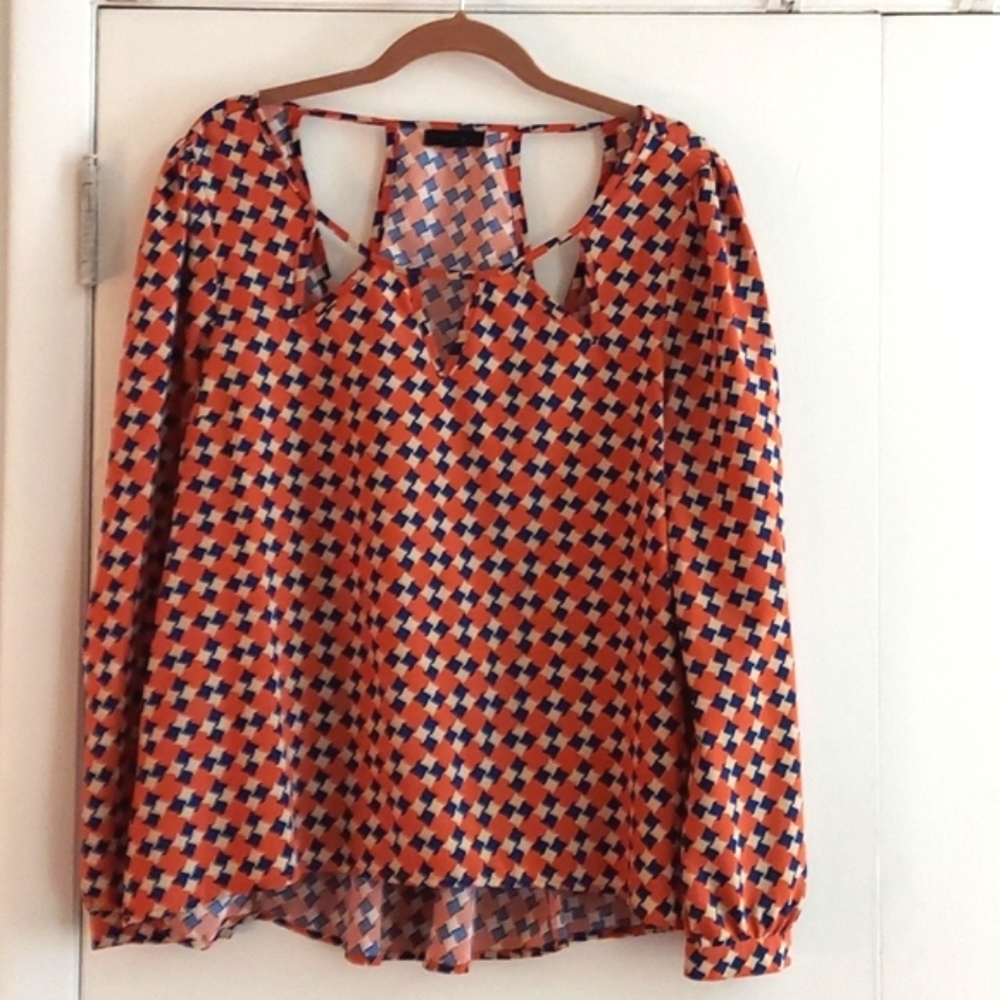 Mine By Anthropologie Geometric Design Cut out L/S Blouse Tunic Sz L